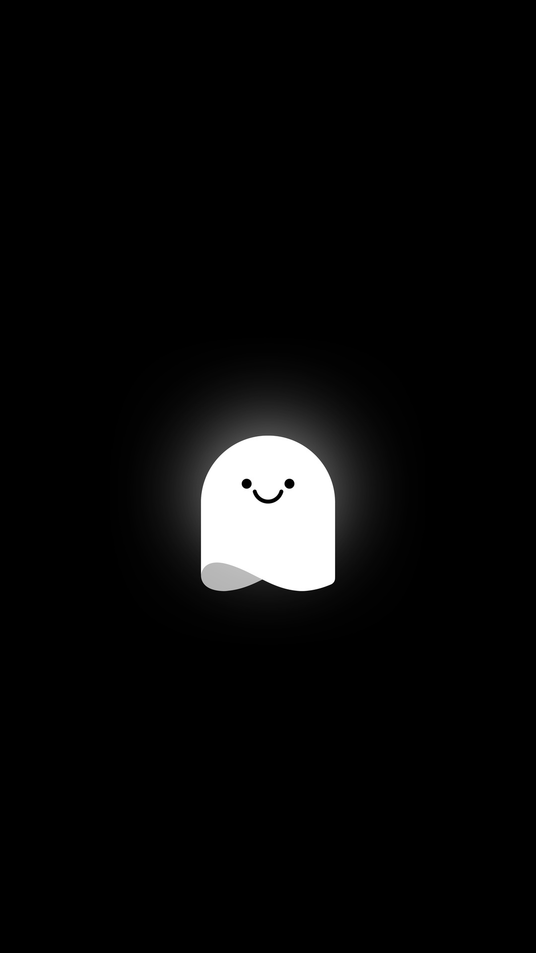 Minimalist white ghost with a smiling face on a black background HD Phone Wallpaper