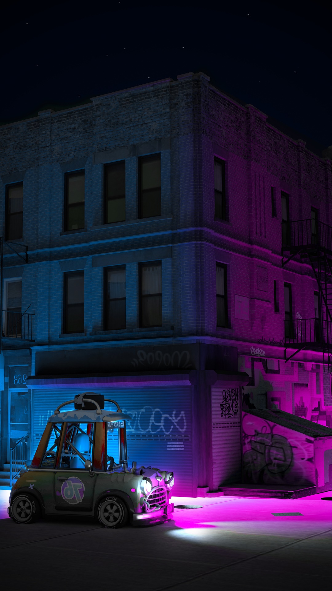 Digital Art of a Car in a City at Night HD Phone Wallpaper