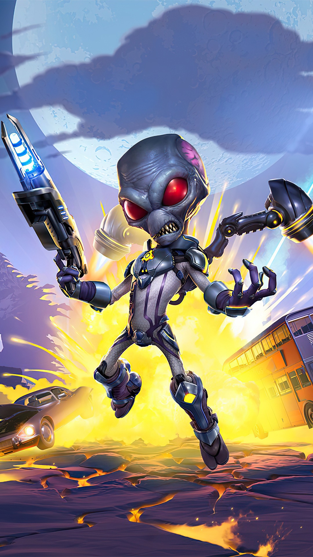 Destroy All Humans Alien with Gun and Spaceship HD Phone Wallpaper