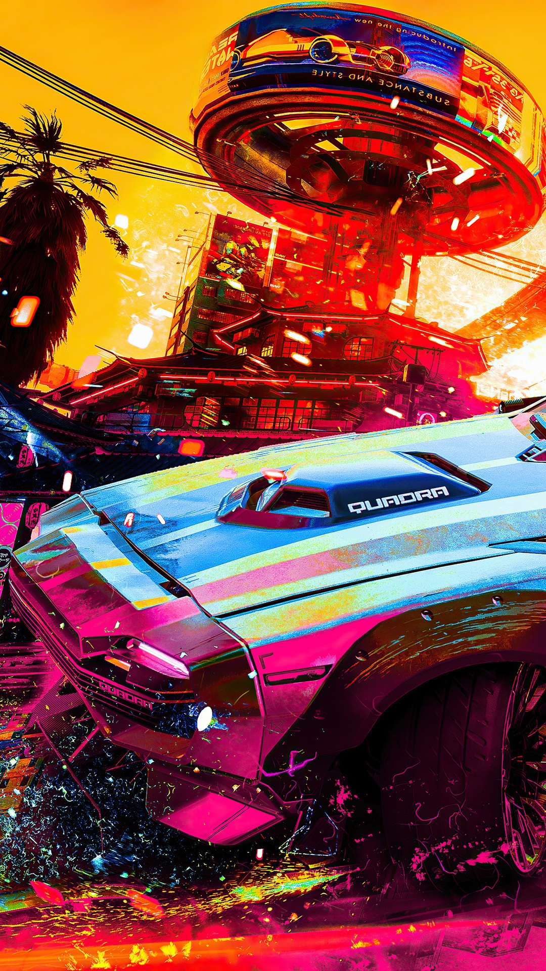 Cyberpunk 2077 Quadra car in neon city HD Phone Wallpaper