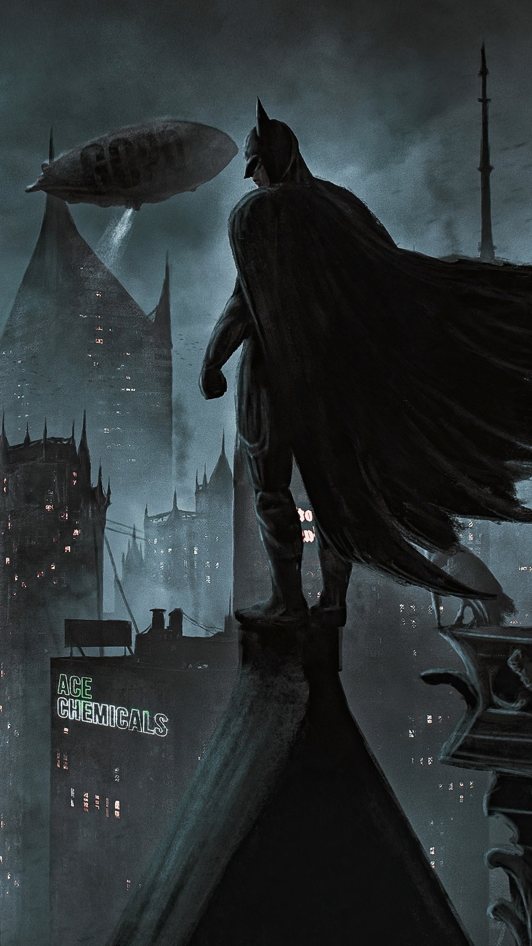 Batman overlooking Gotham City with Ace Chemicals HD Phone Wallpaper