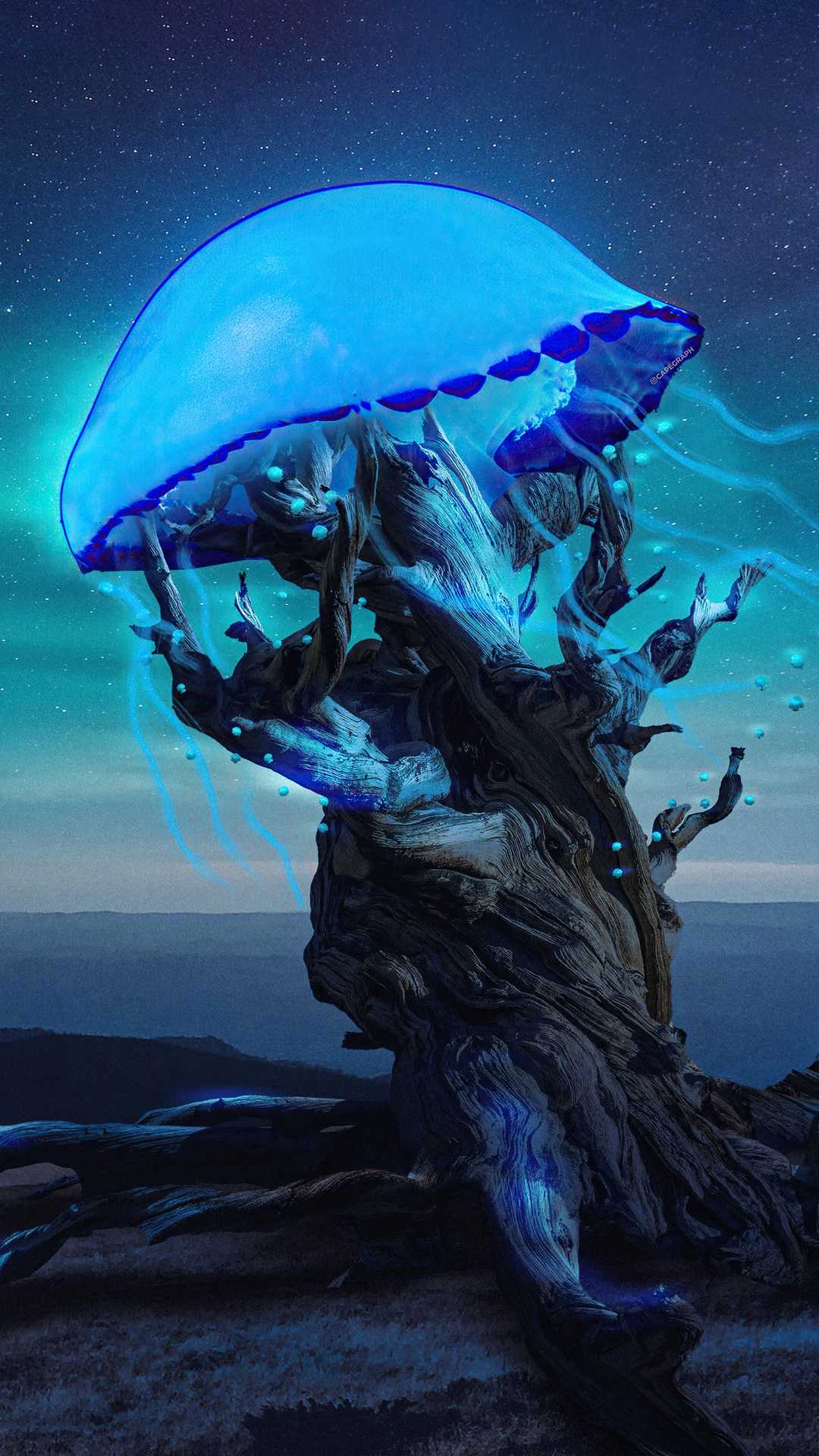 Digital Art of a Bioluminescent Jellyfish Tree HD Phone Wallpaper