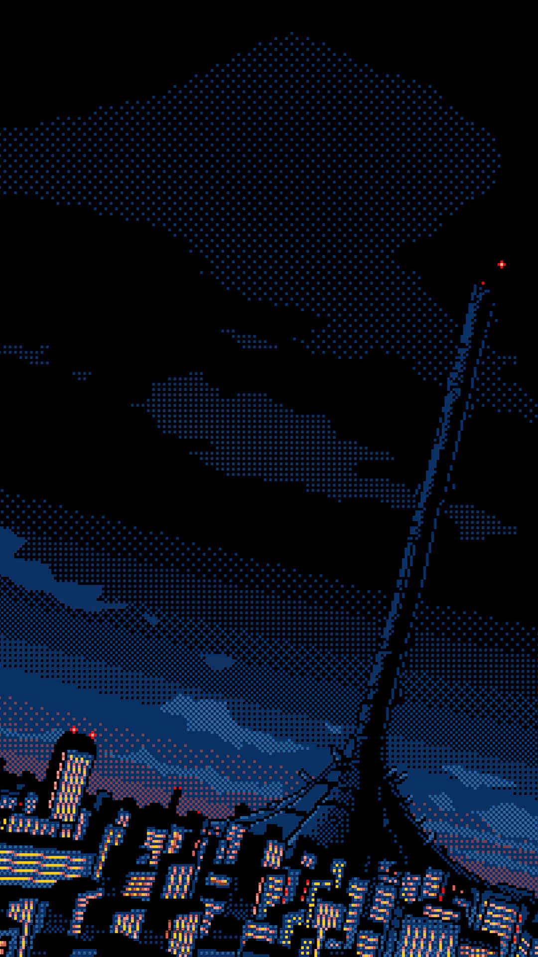 Pixelated cityscape at night with a tall structure HD Phone Wallpaper