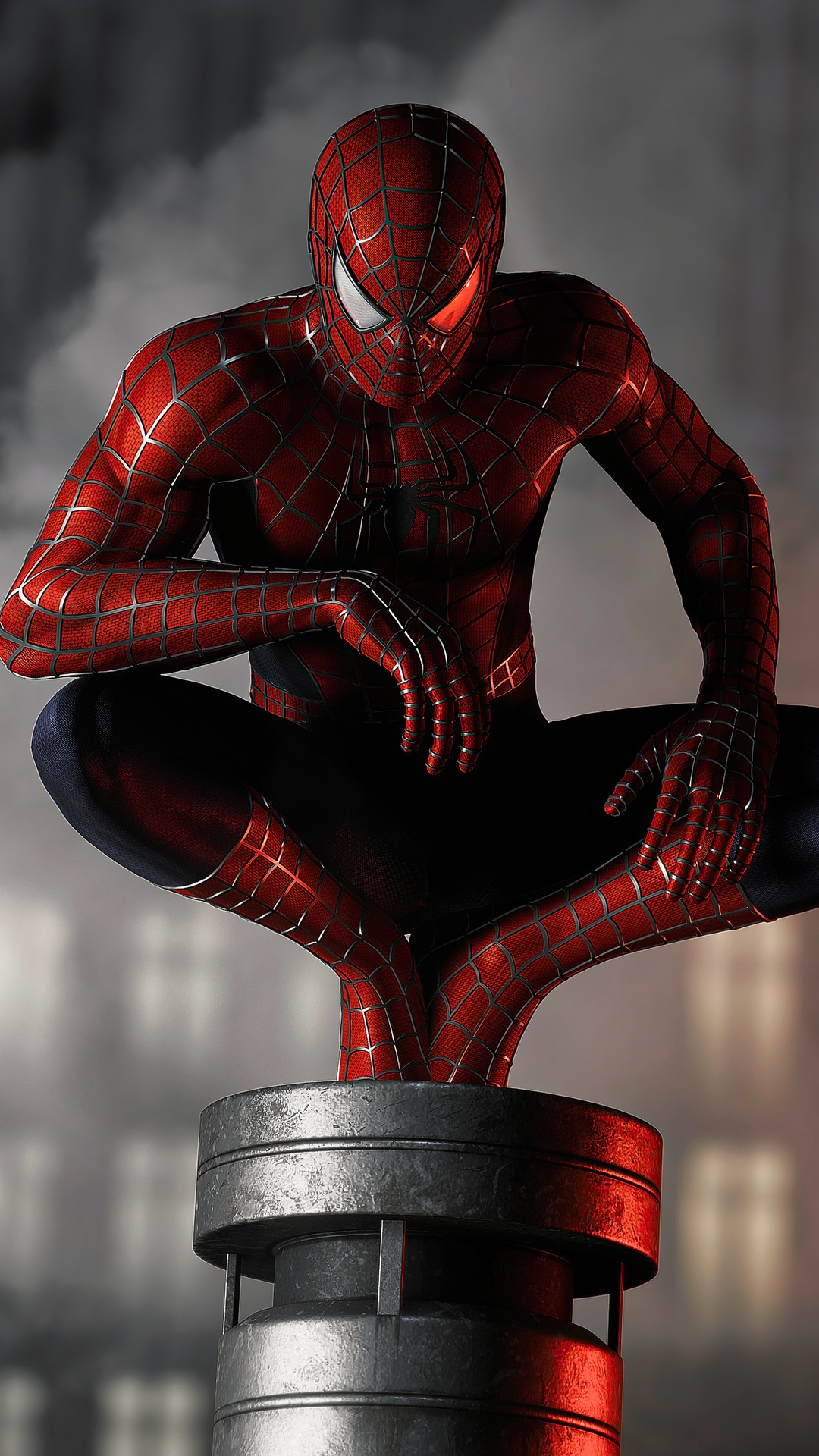 Spider-Man crouching on a metal structure HD Phone Wallpaper