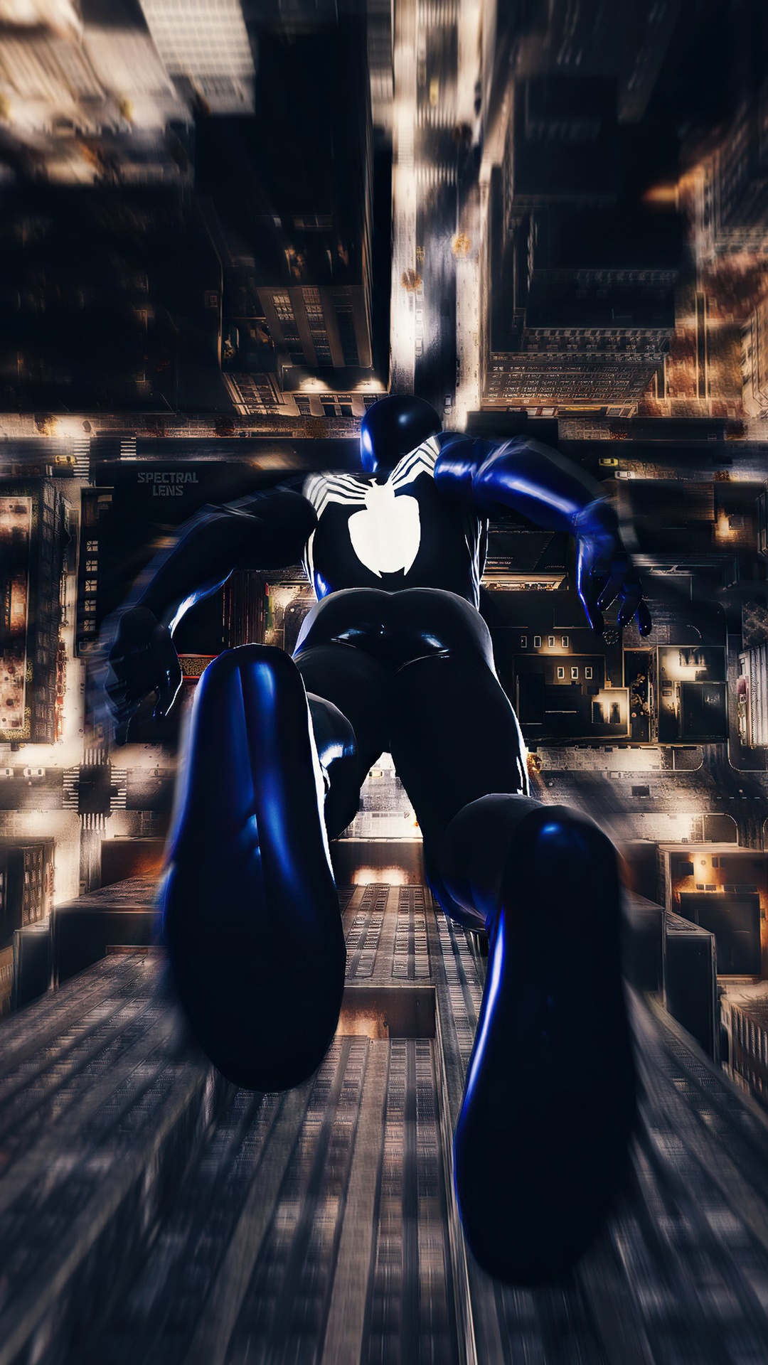 Spider-Man in a black suit swings through a city at night HD Phone Wallpaper