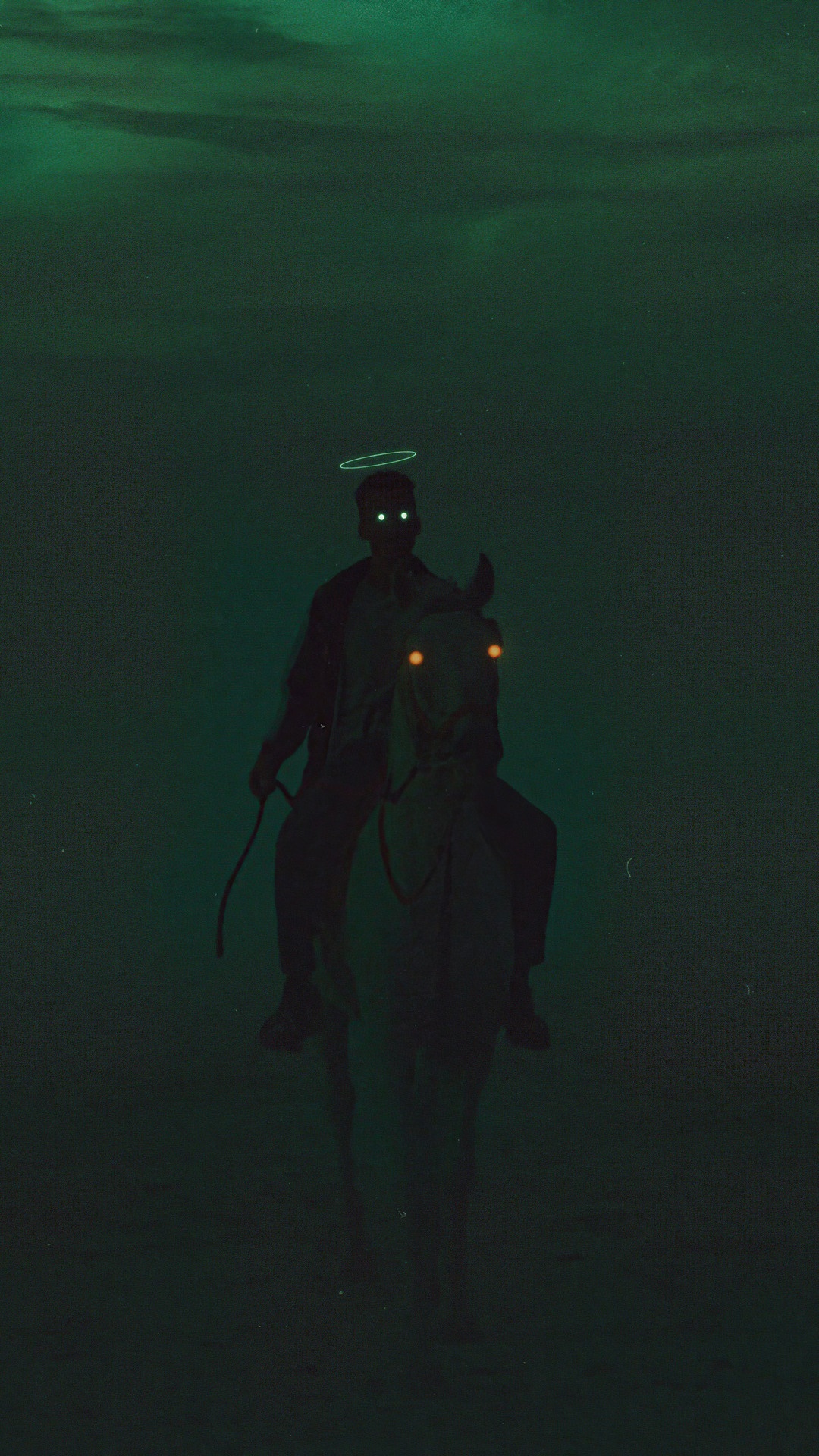 Man with glowing eyes on a white horse HD Phone Wallpaper