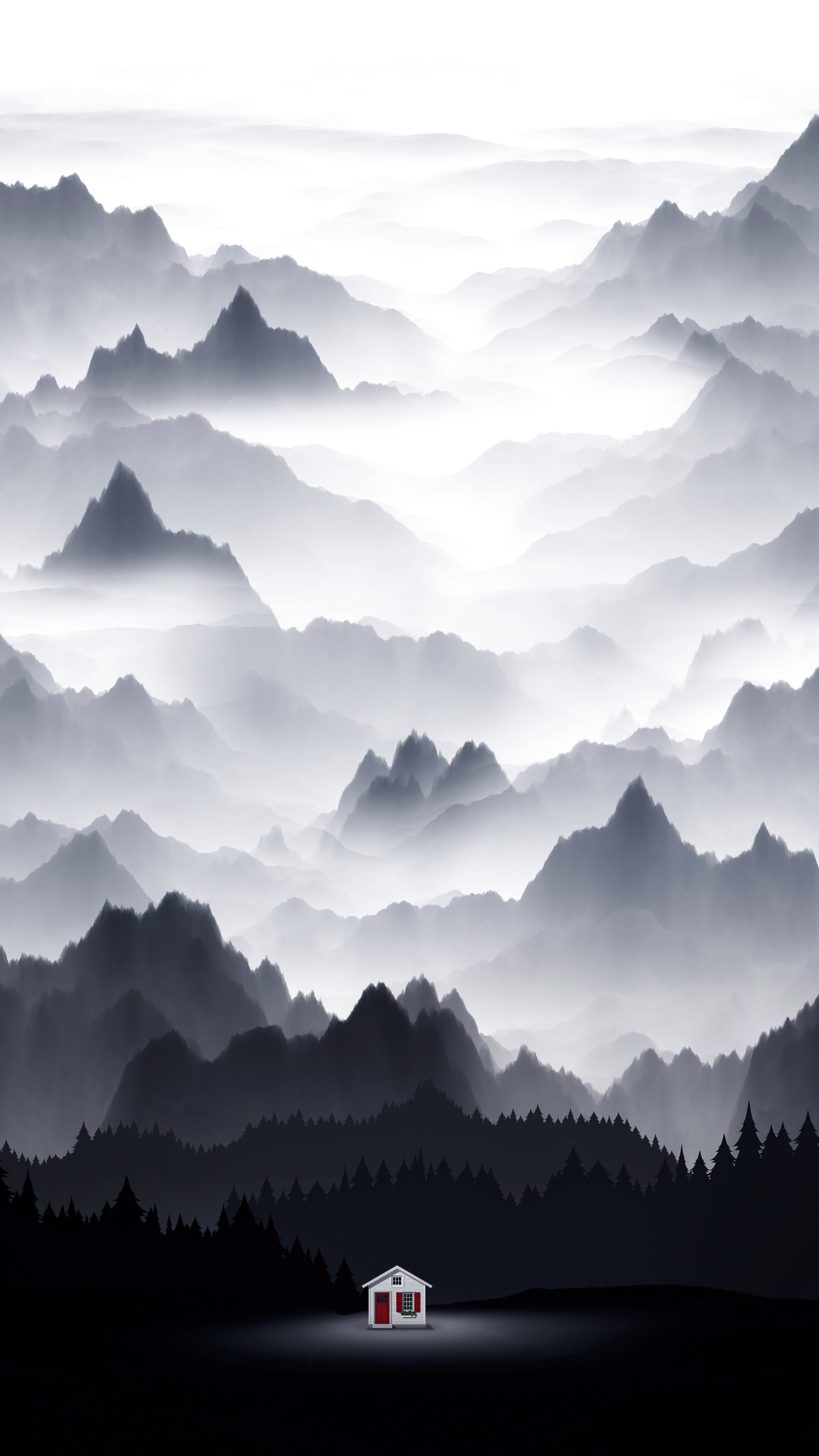Minimalist digital art of a house in misty mountains HD Phone Wallpaper
