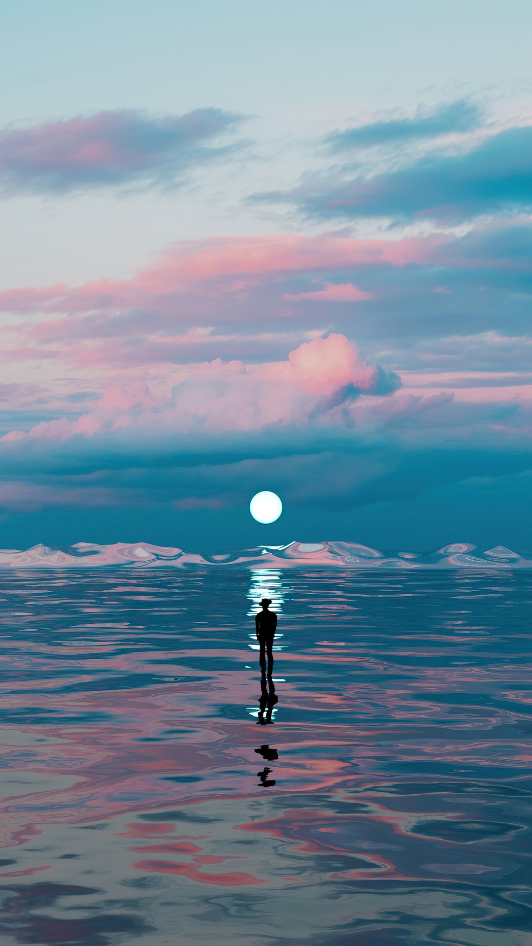 Man standing on reflective water with sun and clouds HD Phone Wallpaper
