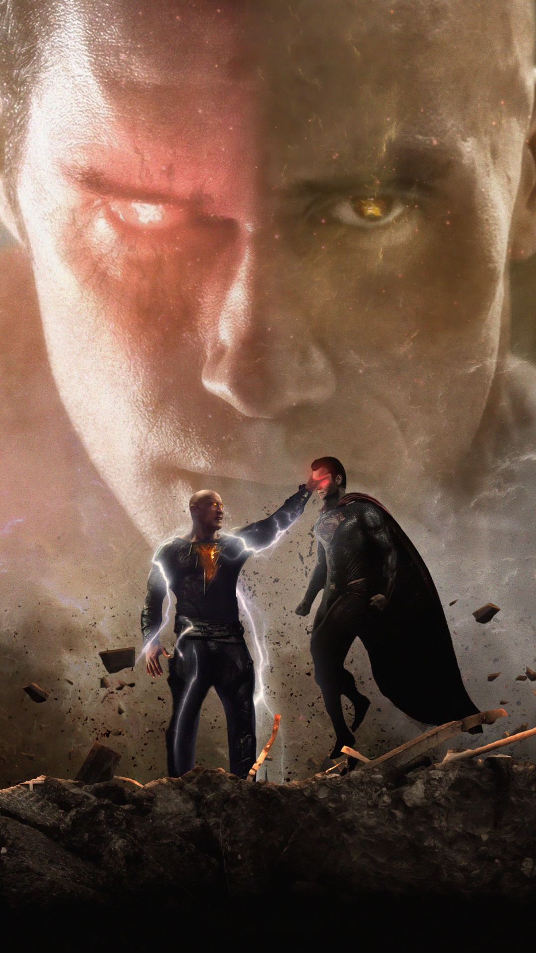 Black Adam and Superman clash with a giant face looming HD Phone Wallpaper