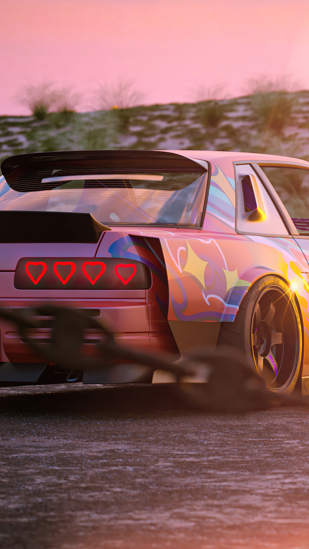 Pink Car with Heart Taillights Drifting HD Phone Wallpaper