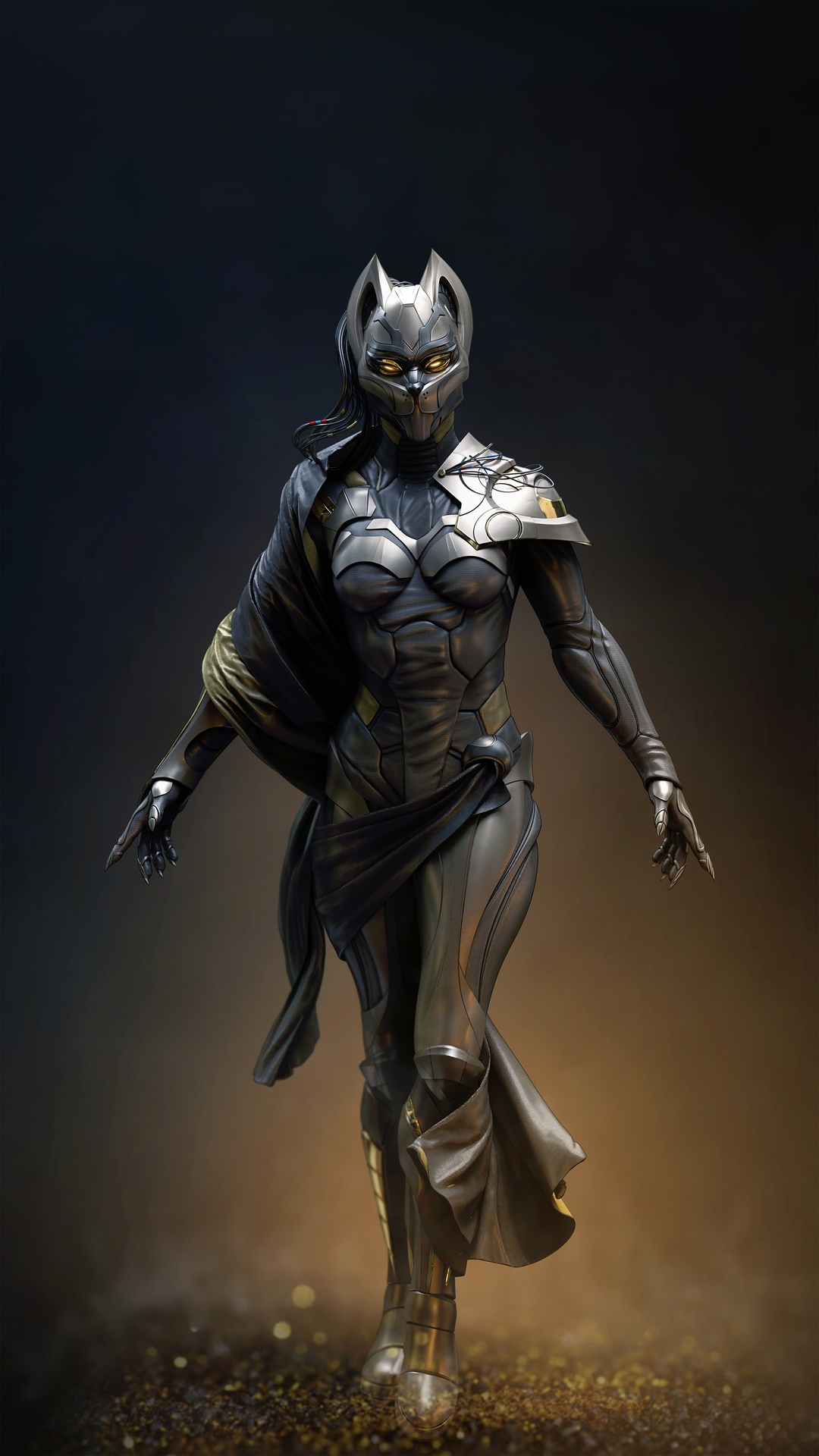 Artwork of a futuristic warrior with a cat-like mask HD Phone Wallpaper