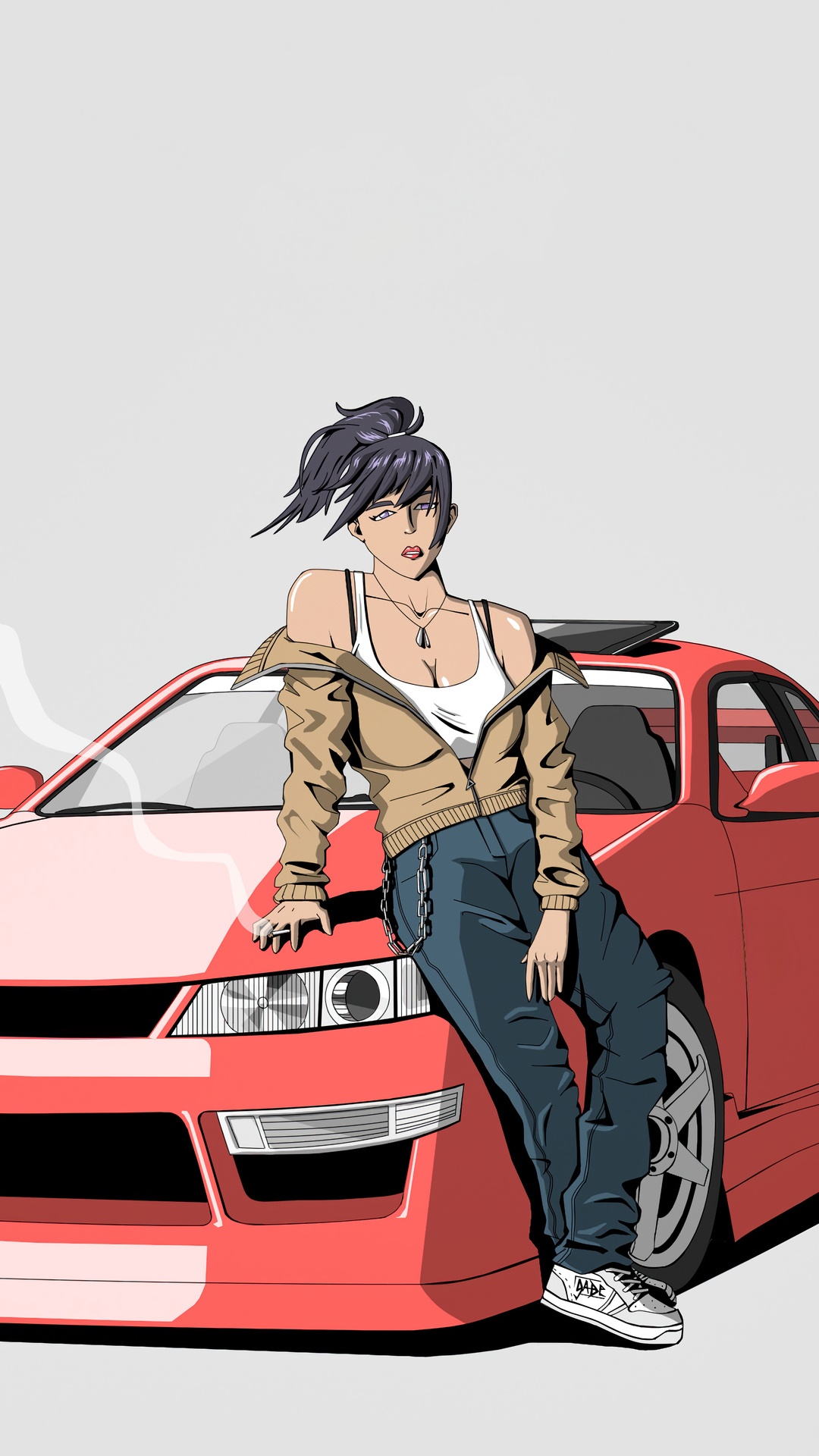 Anime girl leaning on a red sports car HD Phone Wallpaper