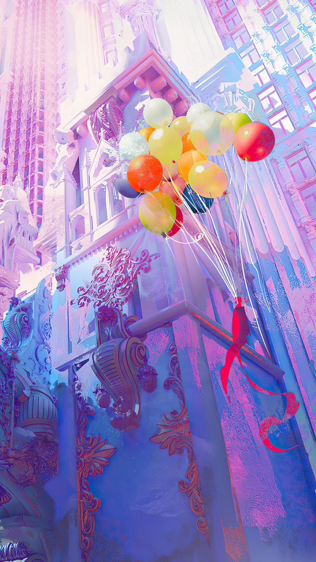 Artwork of balloons and a person with a building background HD Phone Wallpaper