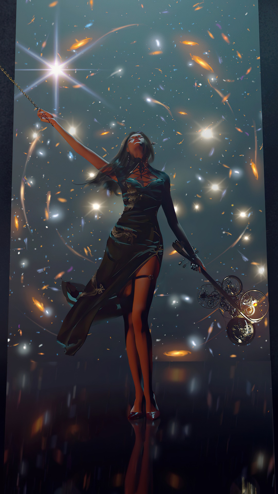 Artwork of a woman in a dark dress holding a staff HD Phone Wallpaper
