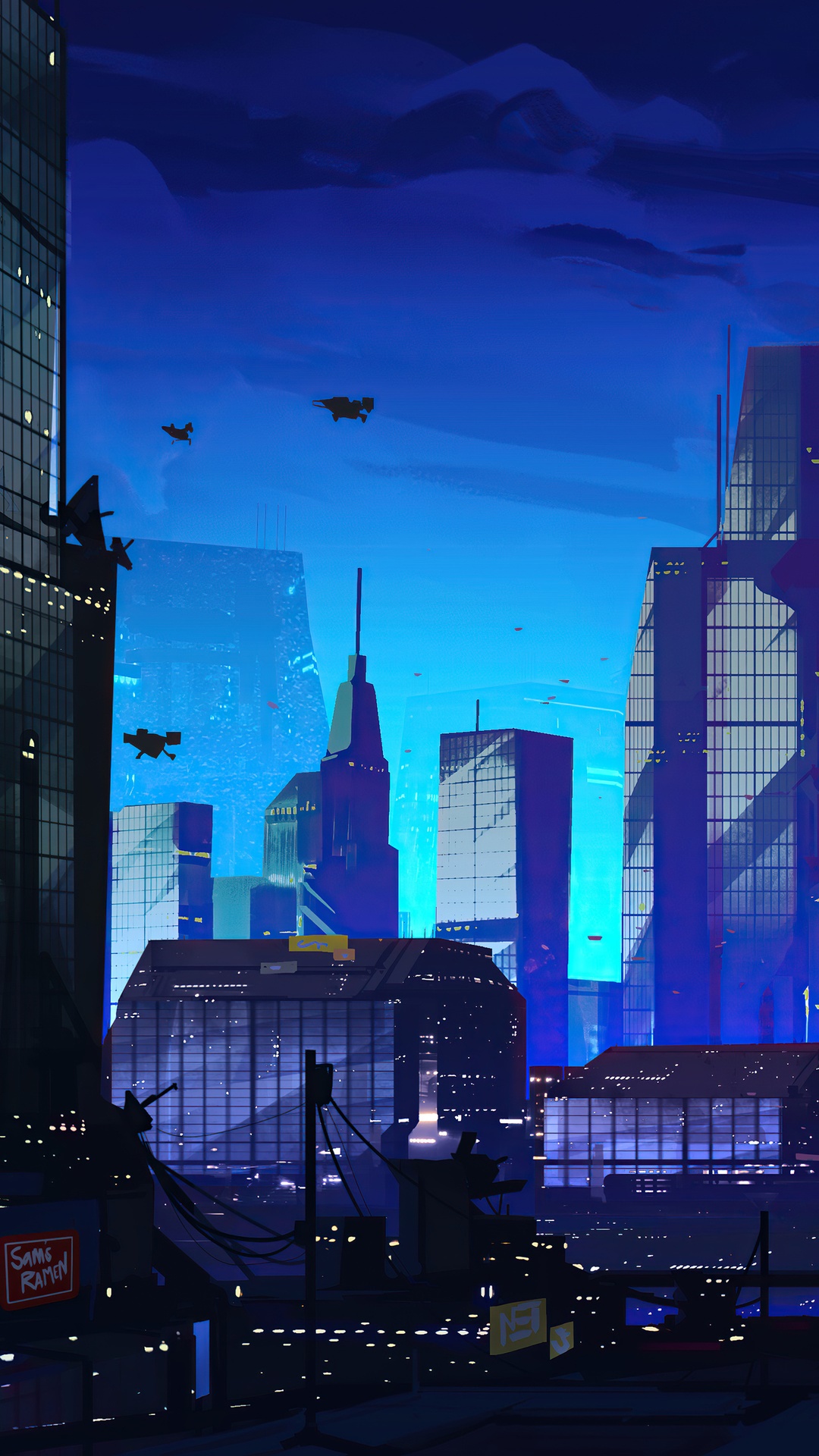 Sci-fi city skyline at night with flying vehicles HD Phone Wallpaper
