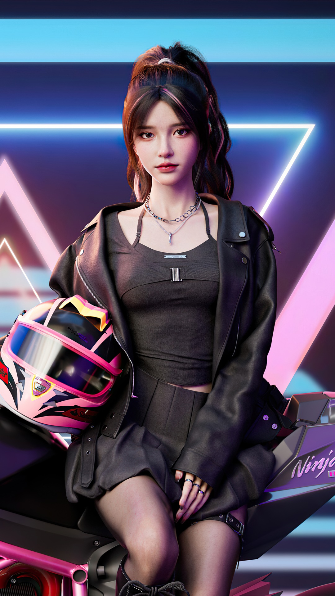 Girl with Kawasaki Ninja Helmet and Motorcycle HD Phone Wallpaper
