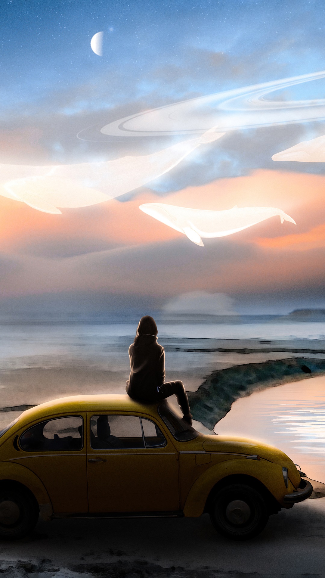 Fantasy whales in the sky above a person on a car HD Phone Wallpaper