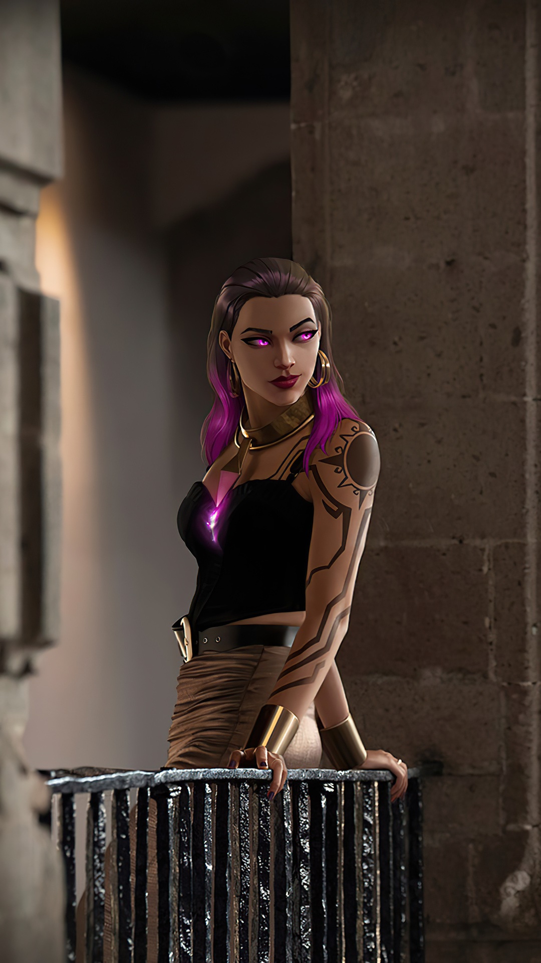 Reyna from Valorant with purple hair and tattoos HD Phone Wallpaper