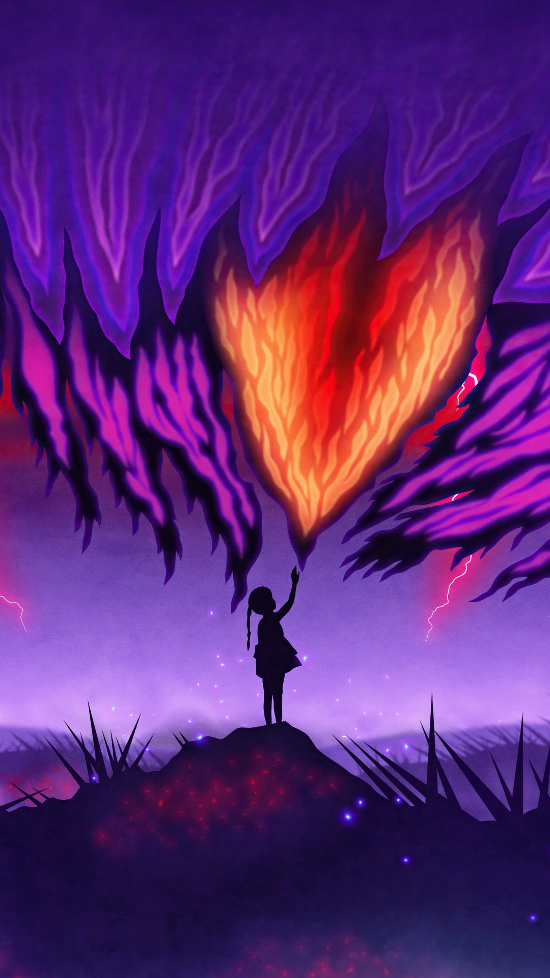 Girl Reaching Towards Fiery Heart HD Phone Wallpaper
