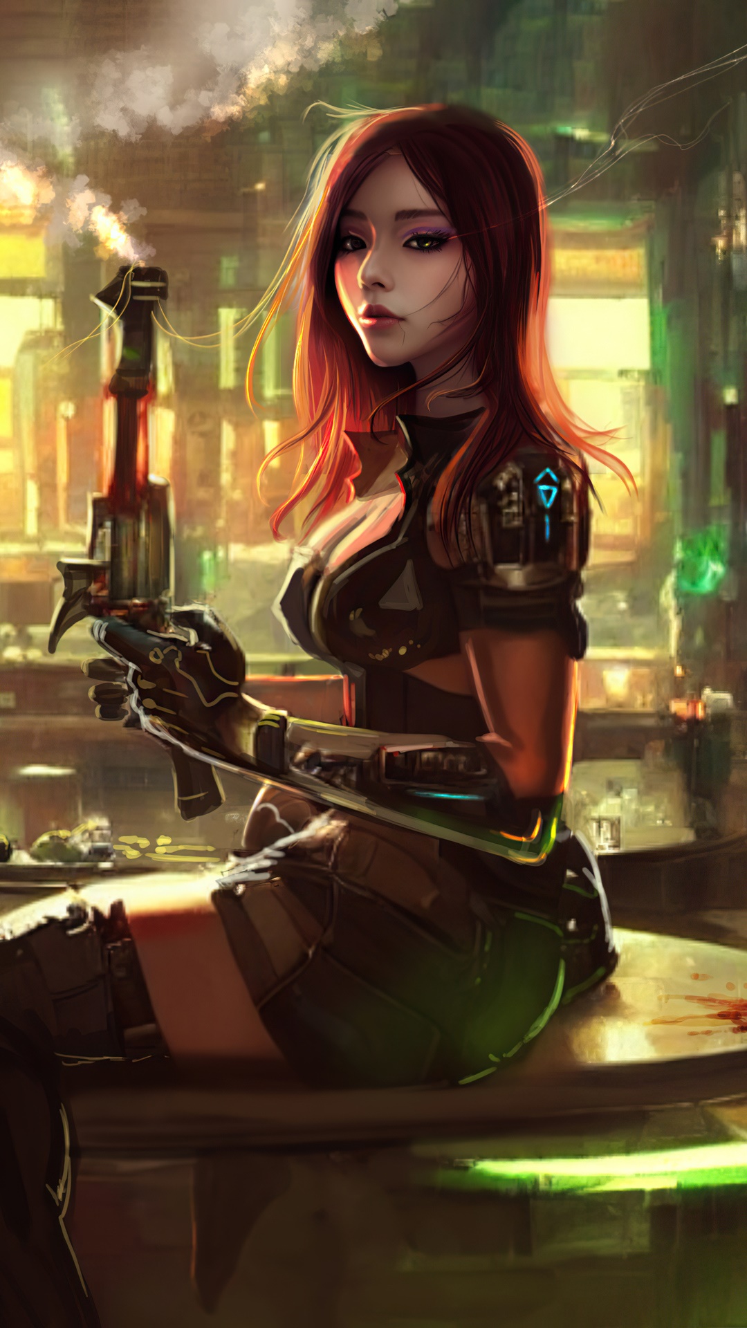 Fantasy girl with a gun in a futuristic city HD Phone Wallpaper