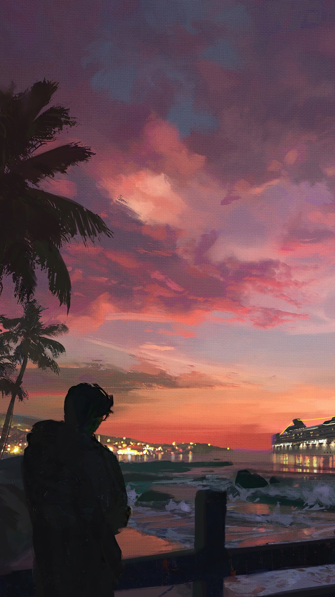 Man watching a cruise ship at sunset HD Phone Wallpaper