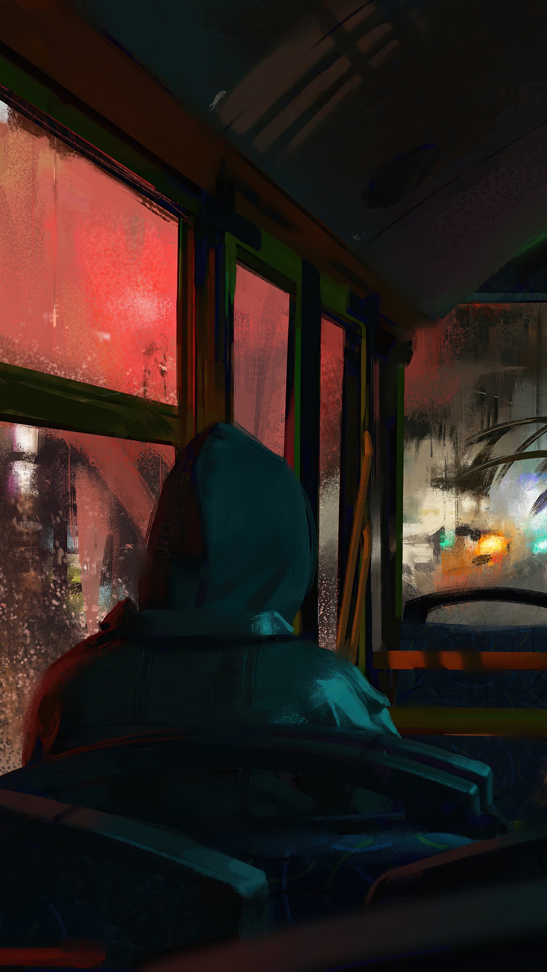 Person in hoodie on a bus at night HD Phone Wallpaper