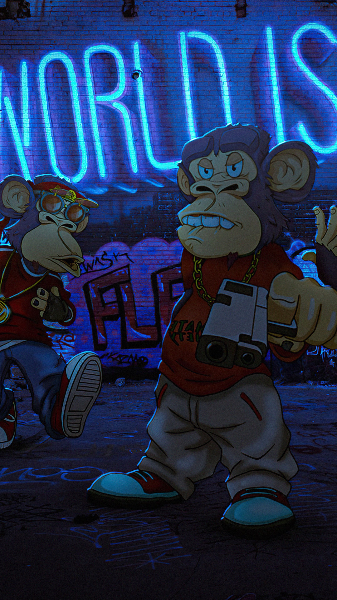 NFT Monkeys in Front of Neon "WORLD IS" Sign HD Phone Wallpaper