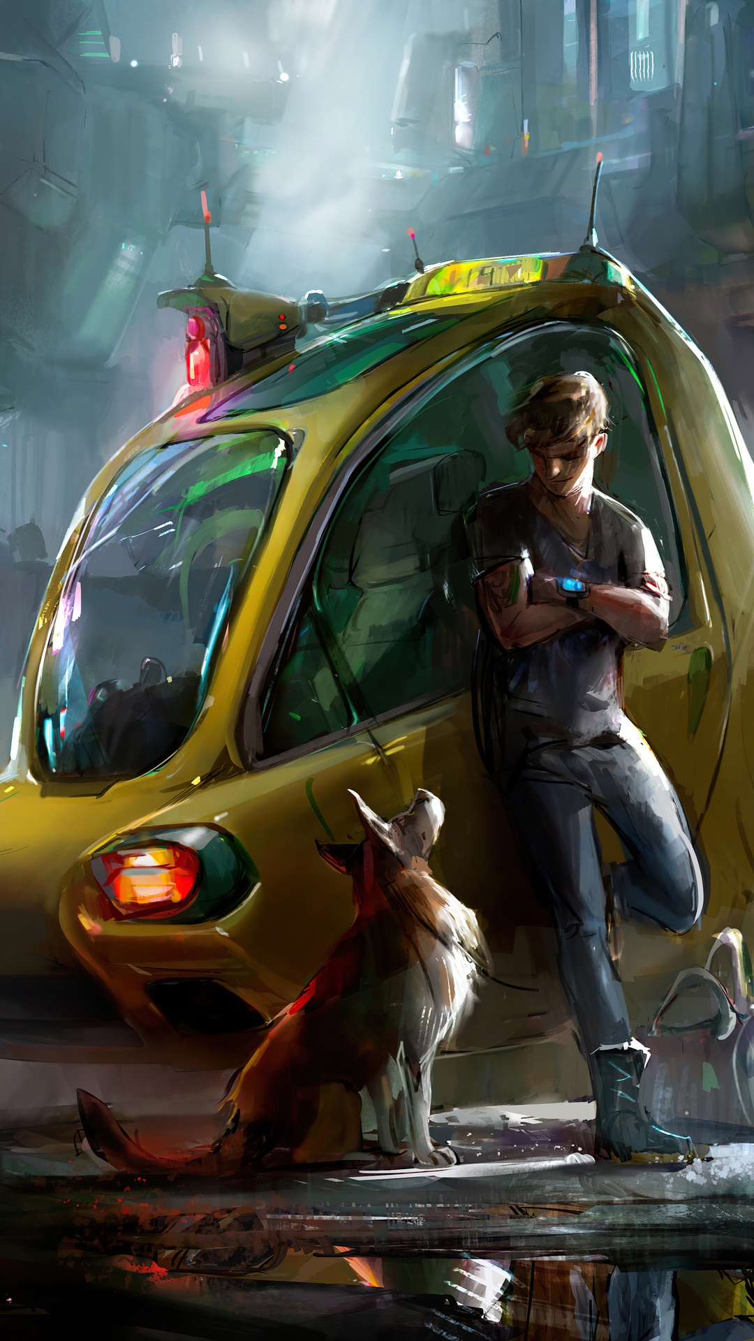 Man and dog by a futuristic yellow taxi HD Phone Wallpaper