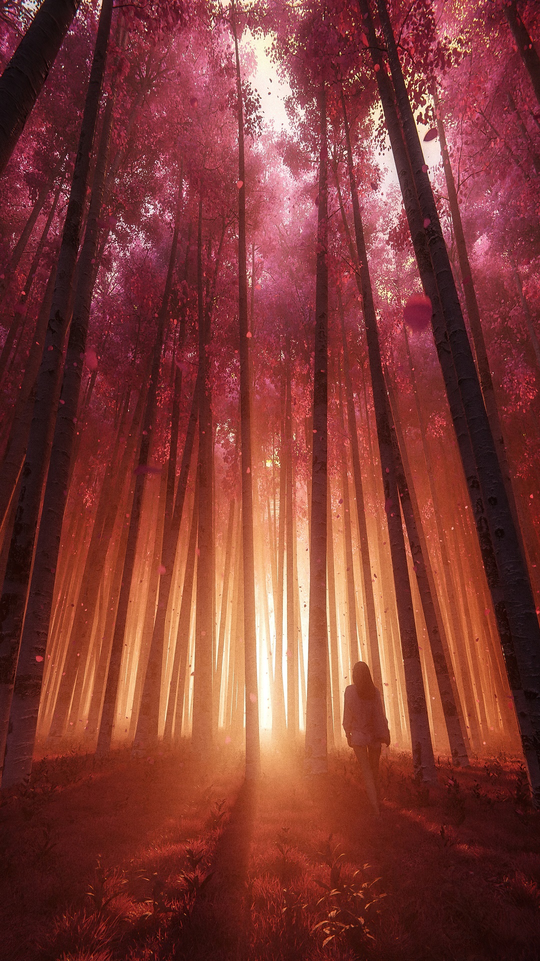 Digital art of a person in a pink forest HD Phone Wallpaper