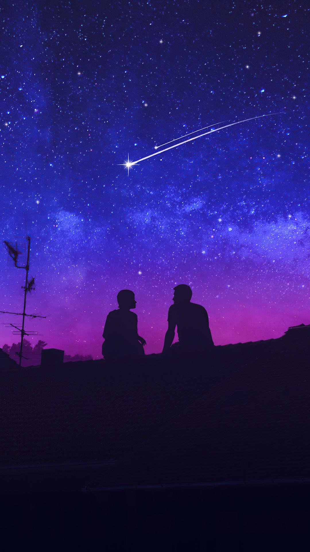 Couple silhouetted against a starry night sky HD Phone Wallpaper