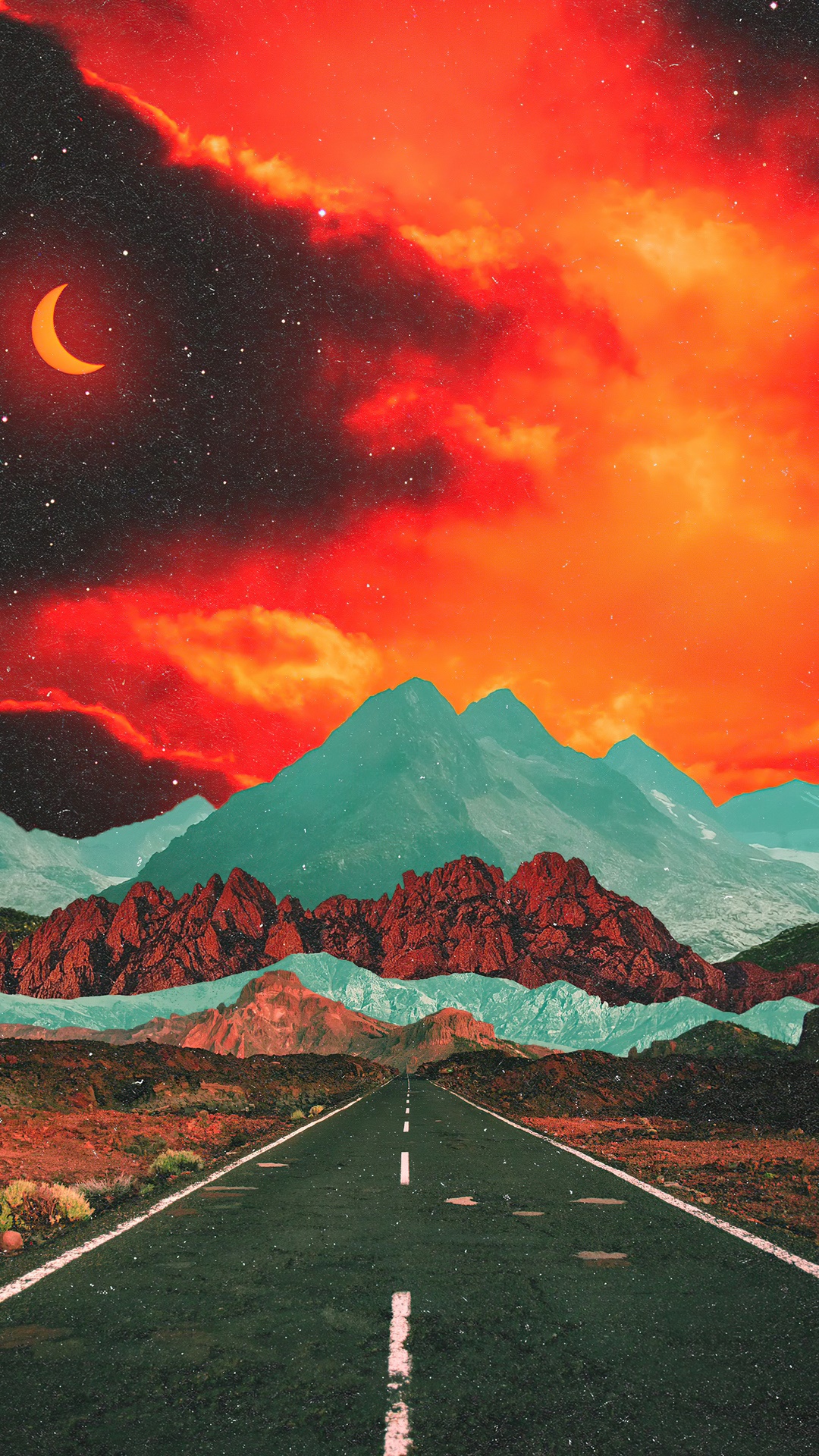 Surreal landscape with road and mountains HD Phone Wallpaper