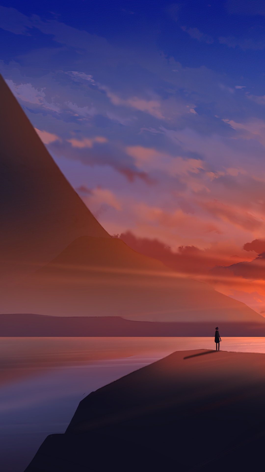 Digital Art of a Person by the Water at Sunset HD Phone Wallpaper