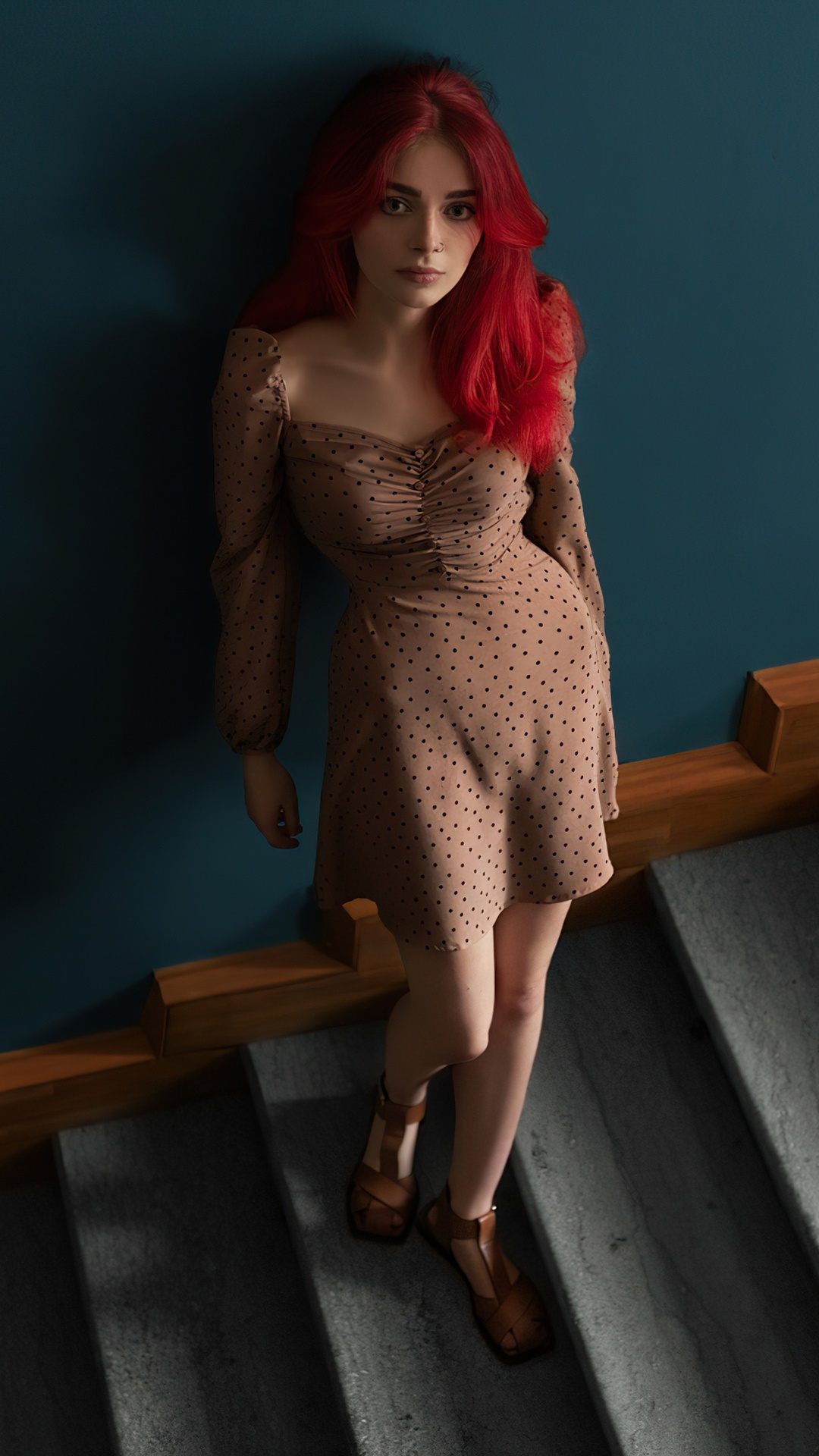 Model with red hair on stairs HD Phone Wallpaper