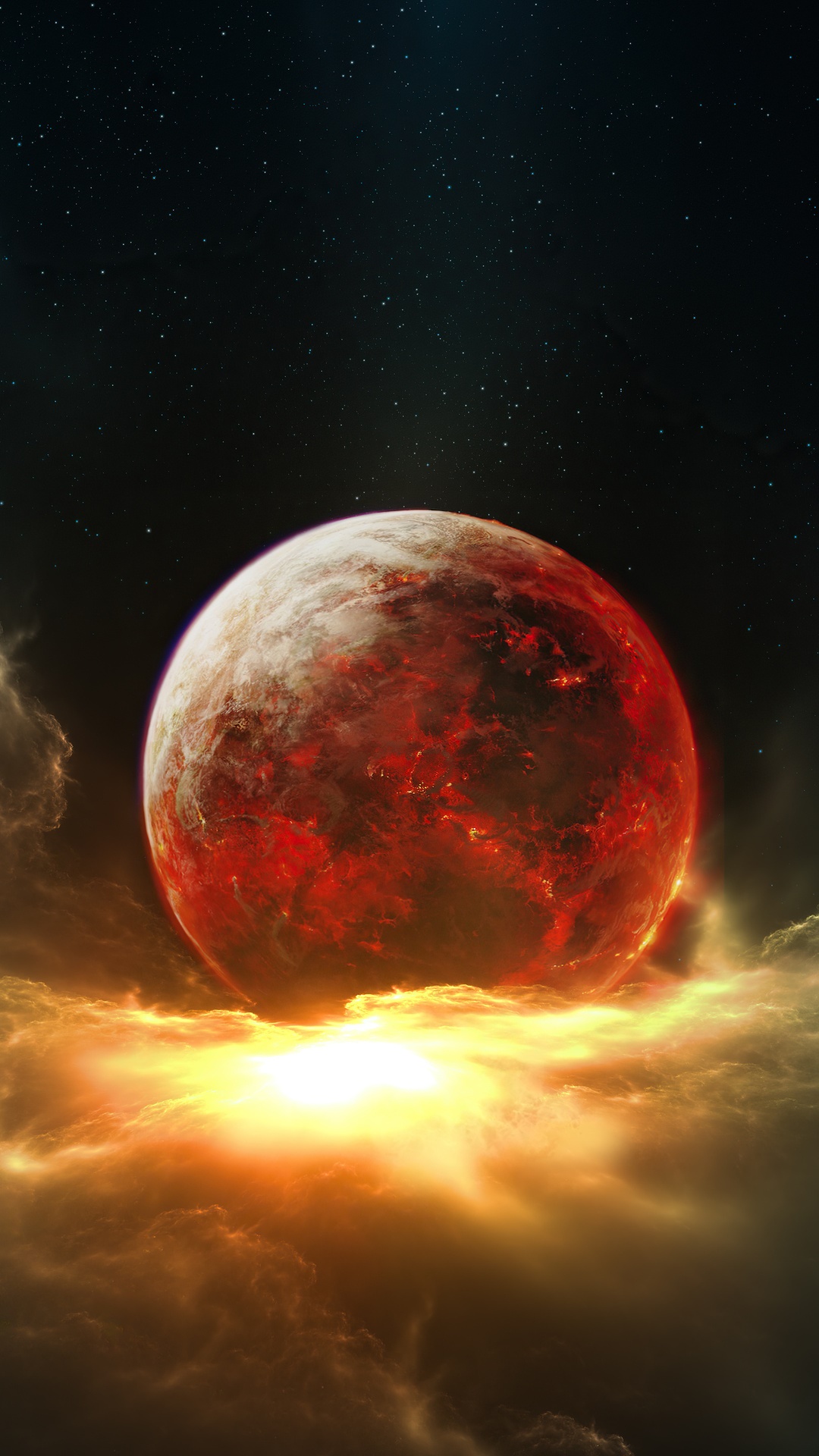 Fiery Planet in a Starry Nebula HD Phone Wallpaper