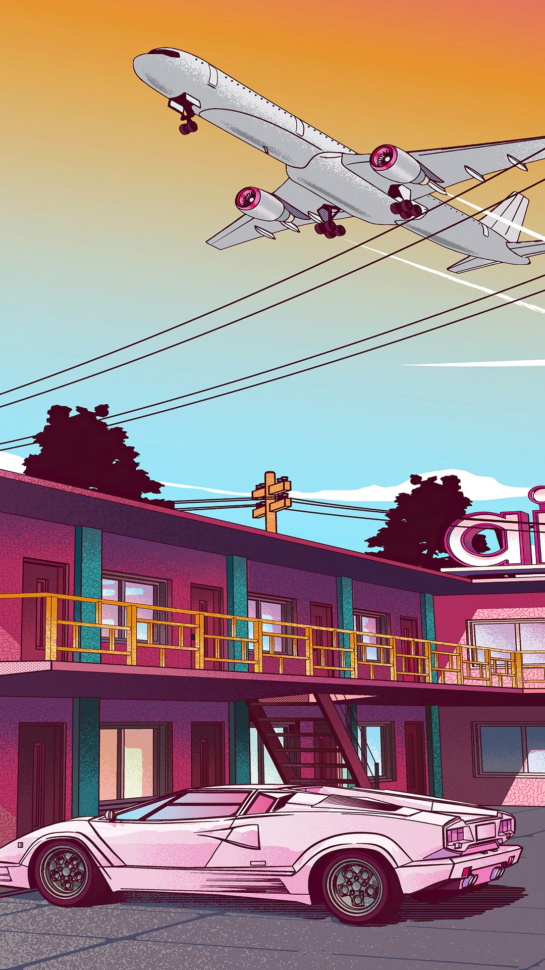 Retro airplane over motel with pink sports car HD Phone Wallpaper