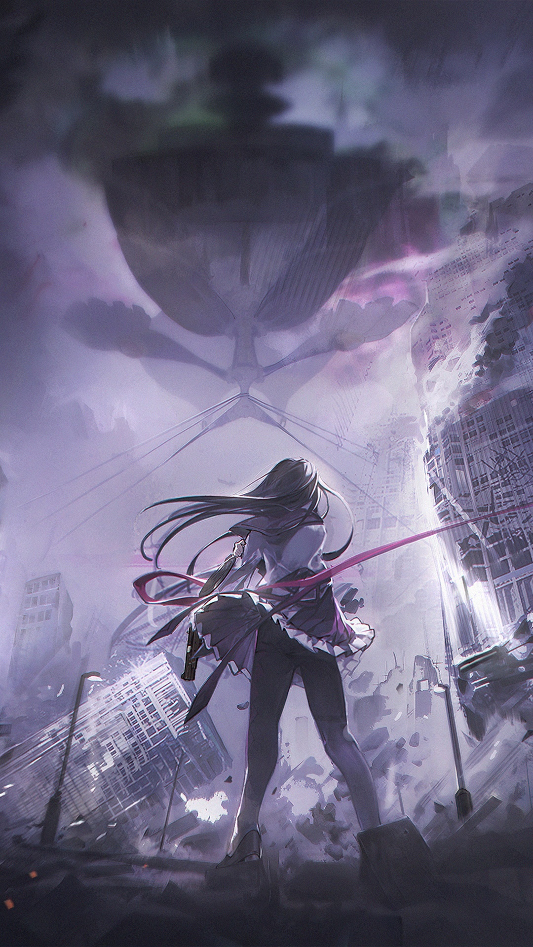Anime girl with gun in destroyed city HD Phone Wallpaper
