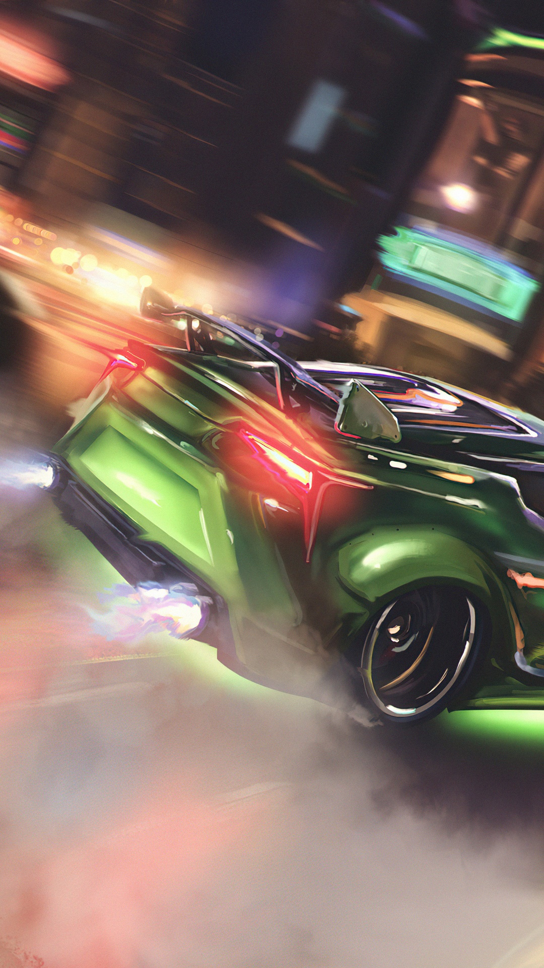 Green drifting car in a city at night HD Phone Wallpaper