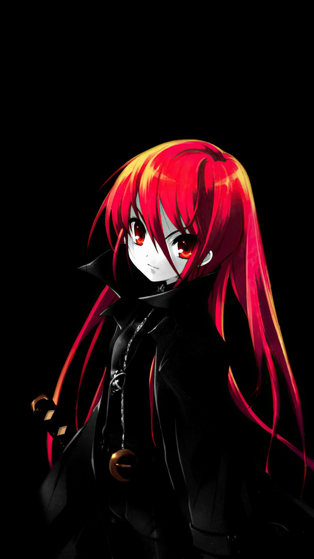 Anime girl with red hair and black coat HD Phone Wallpaper