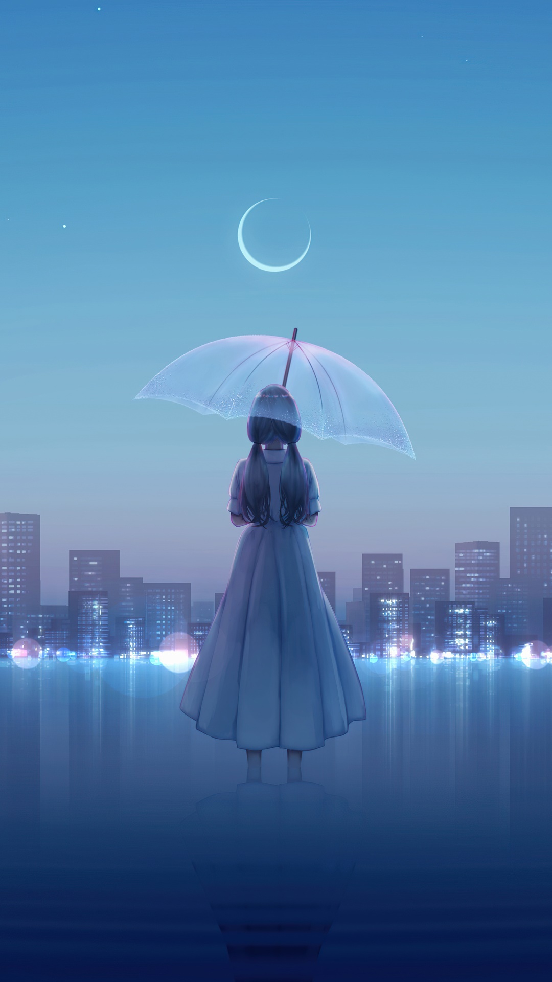 Anime girl with umbrella in front of city skyline at night HD Phone Wallpaper