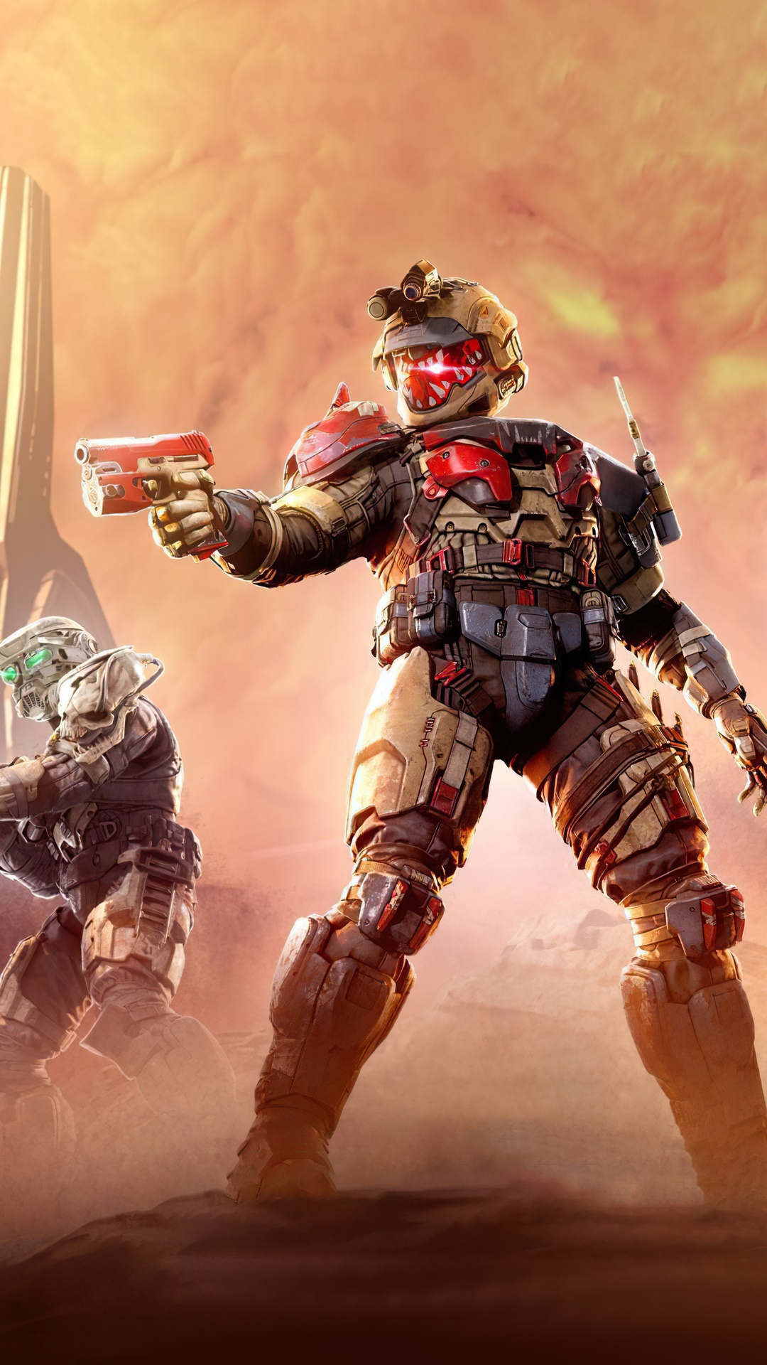 Halo Infinite Spartan soldiers with guns on a desert planet HD Phone Wallpaper
