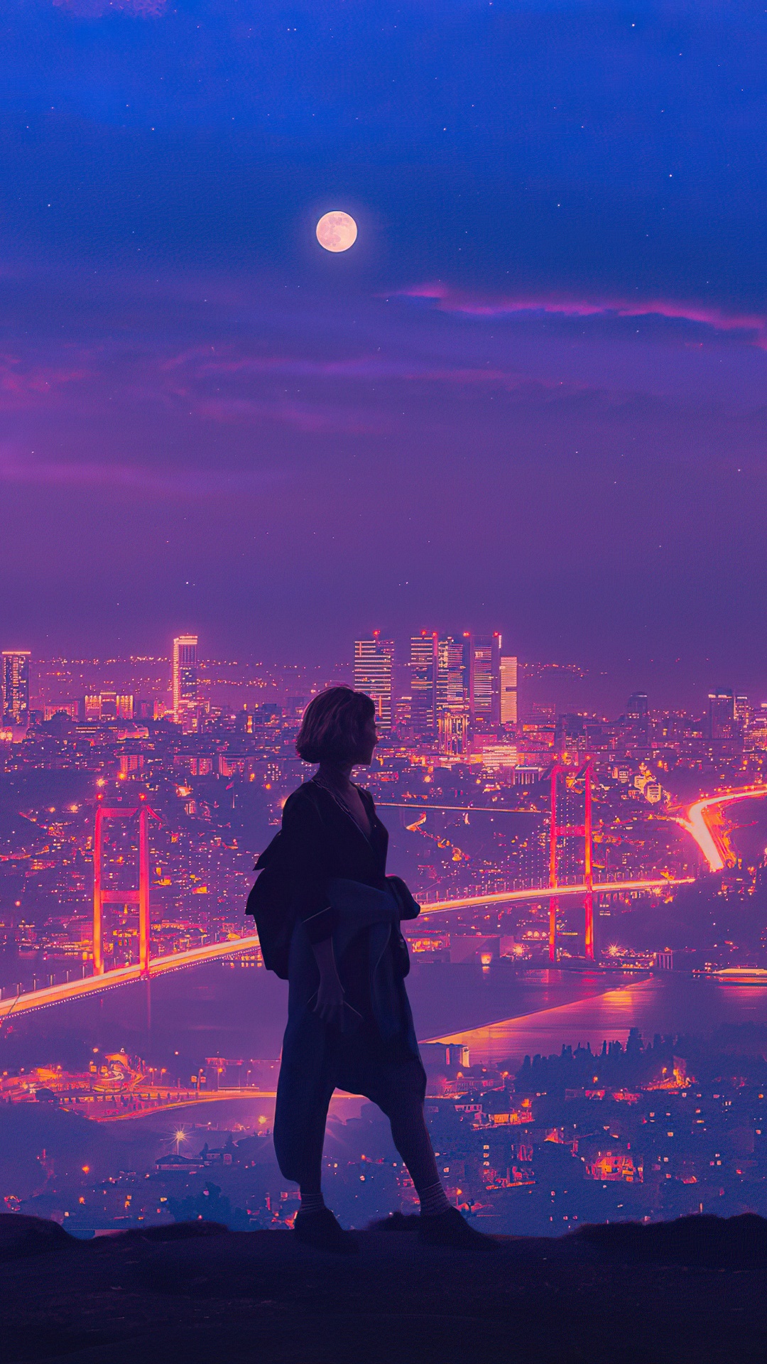 Woman overlooking a city at night with a full moon HD Phone Wallpaper