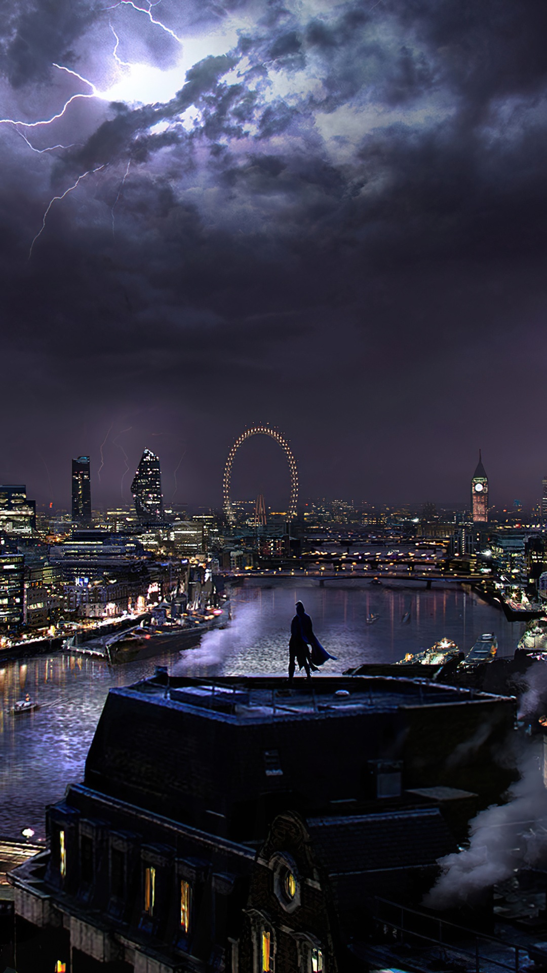 Moon Knight overlooking London during a thunderstorm HD Phone Wallpaper