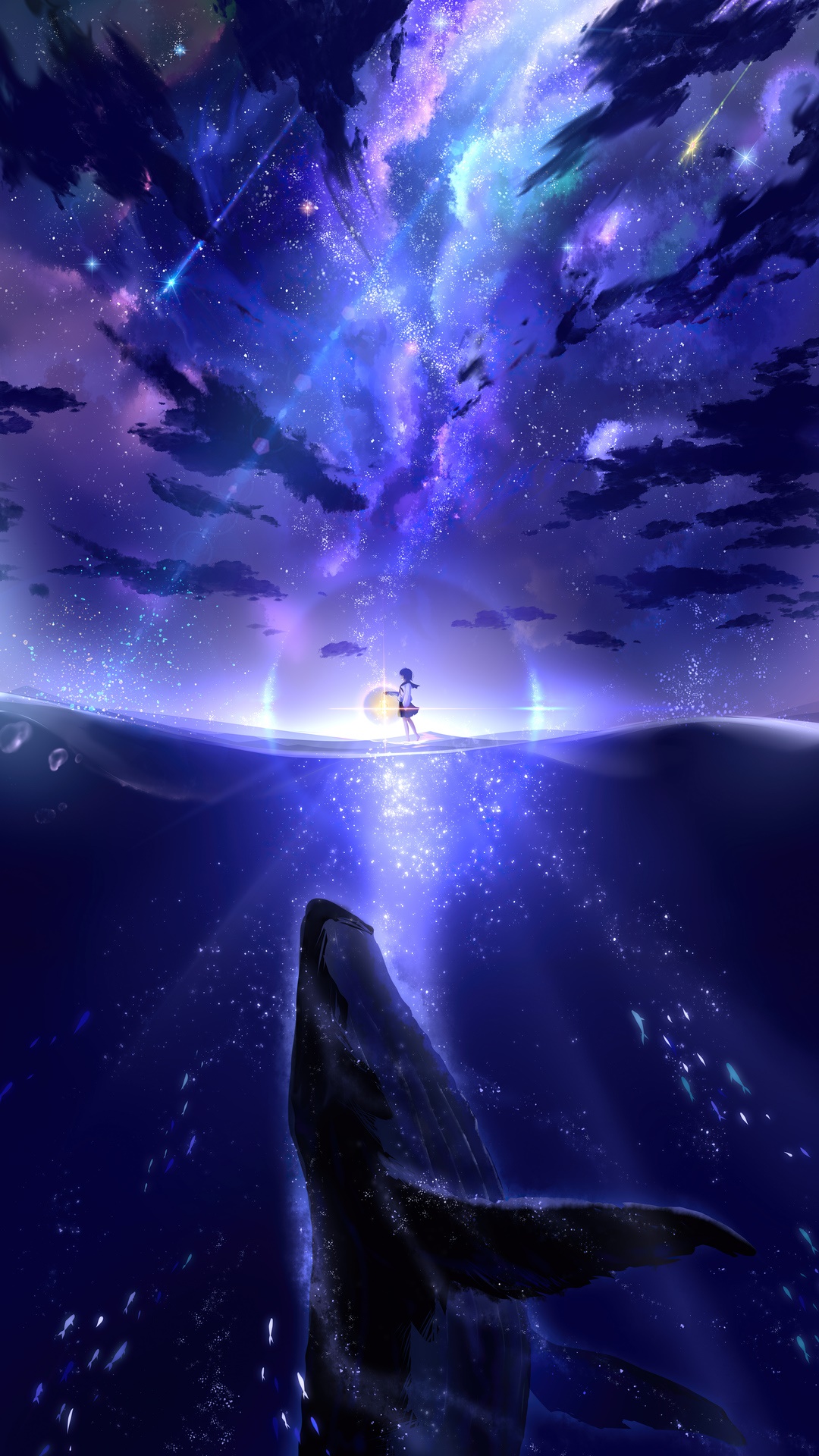 Anime girl and whale under a starry sky HD Phone Wallpaper