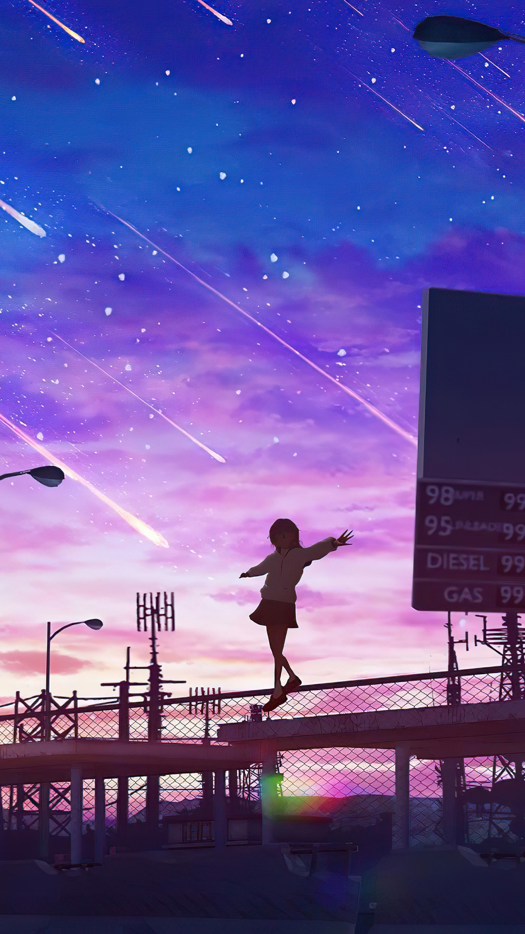 Anime girl on a bridge with shooting stars HD Phone Wallpaper