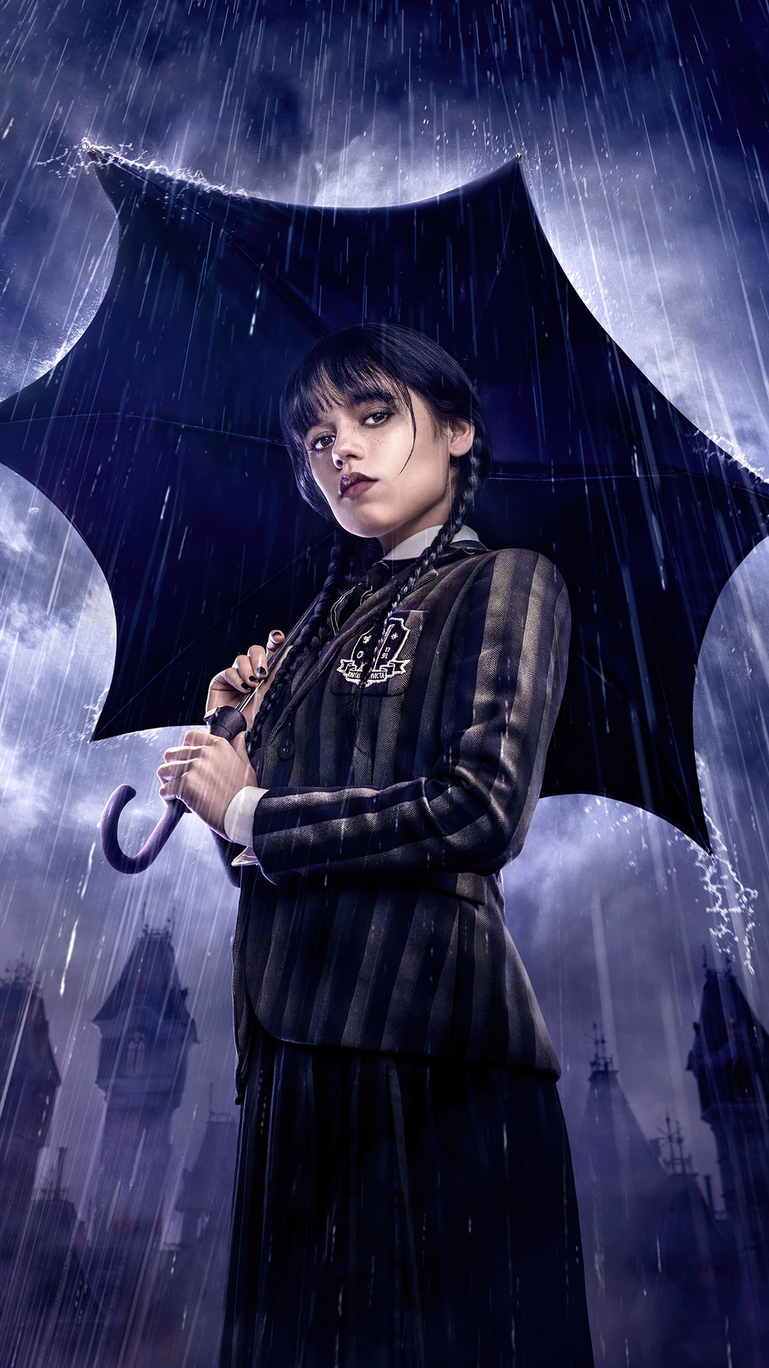 Wednesday Addams holding an umbrella in the rain HD Phone Wallpaper