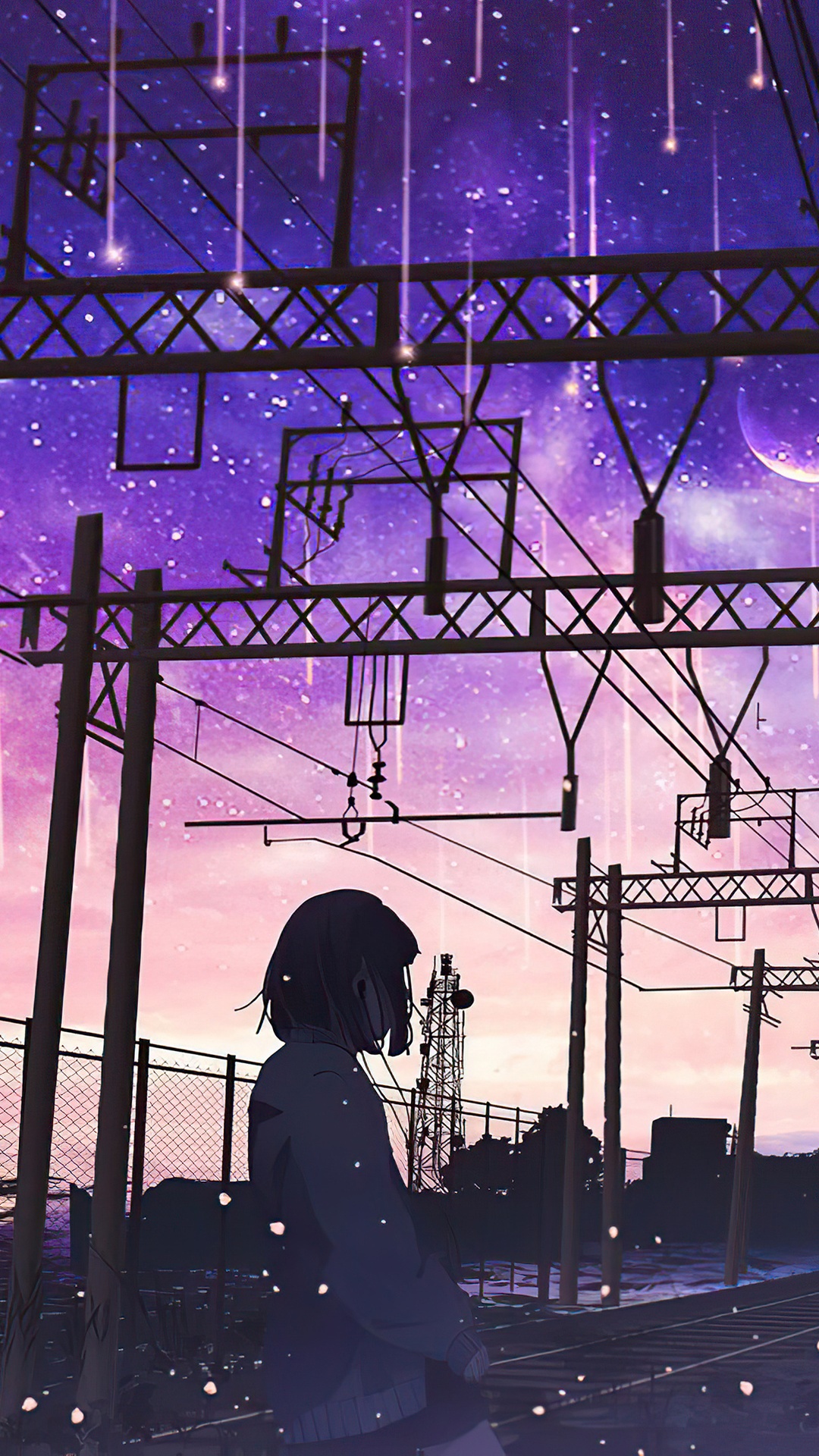 Anime girl under starry sky with power lines HD Phone Wallpaper