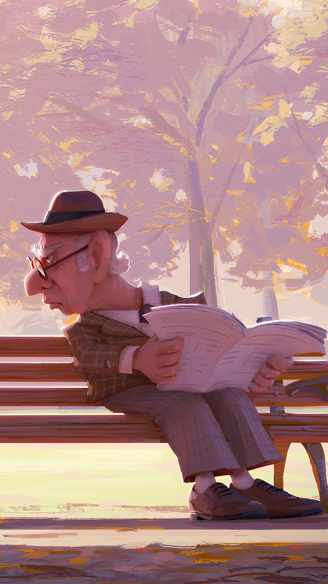 Old man reading newspaper on a park bench HD Phone Wallpaper