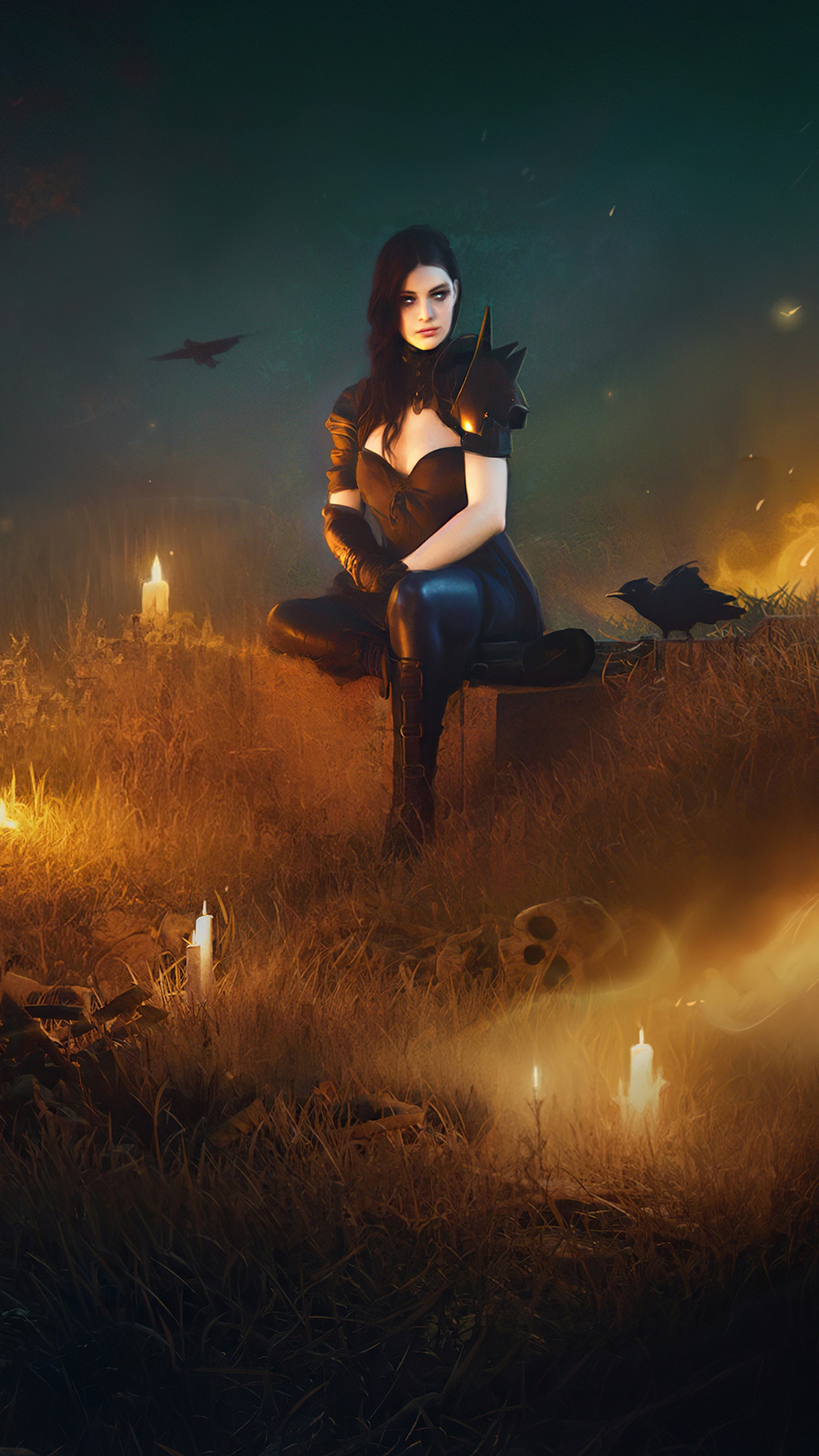 Artwork of a woman in a dark outfit with candles and skulls HD Phone Wallpaper