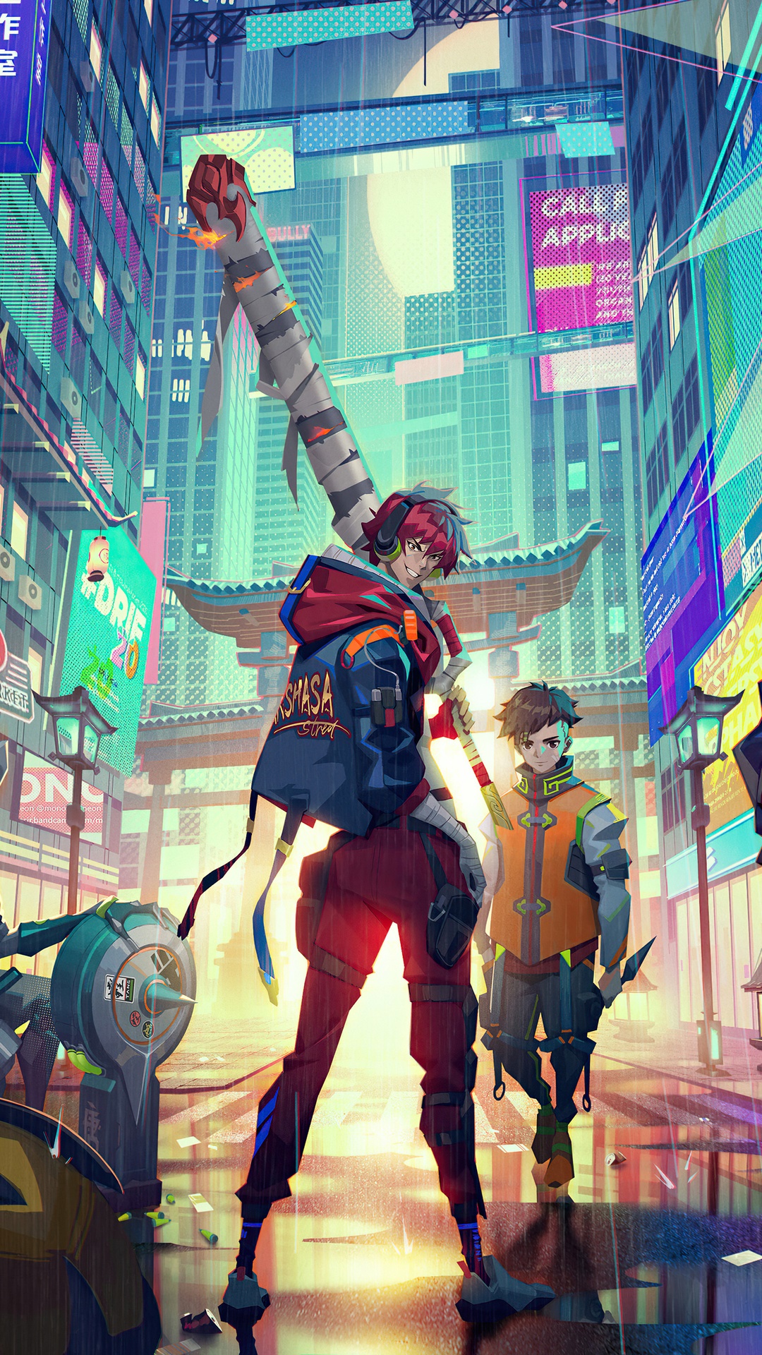 Two anime characters in a rainy cyberpunk city HD Phone Wallpaper