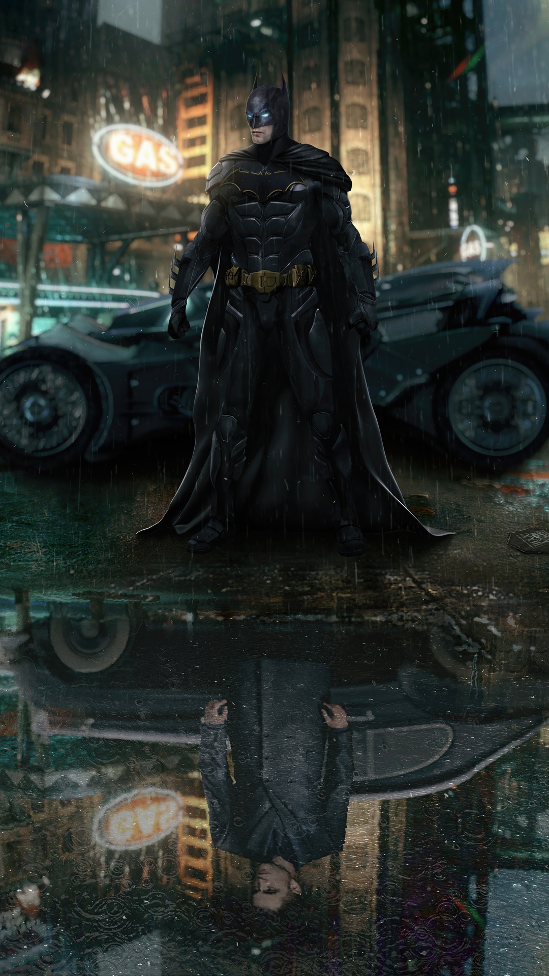 Batman and Batmobile in the Rain HD Phone Wallpaper